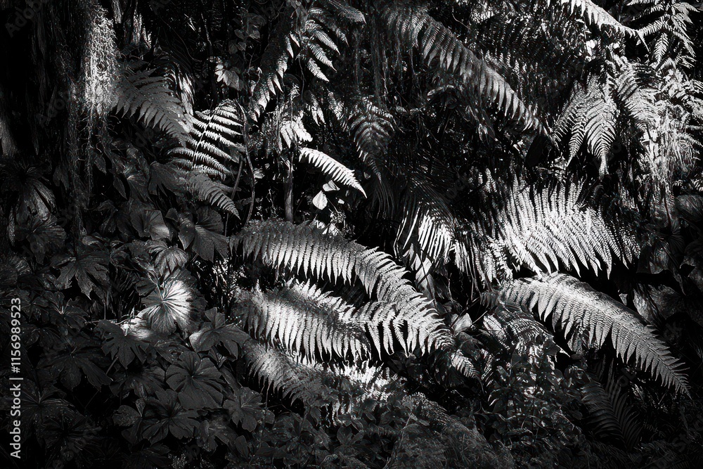 Aufkleber monochrome close-up of lush ferns in dappled sunlight, showcasing textures and shadows within a dens
