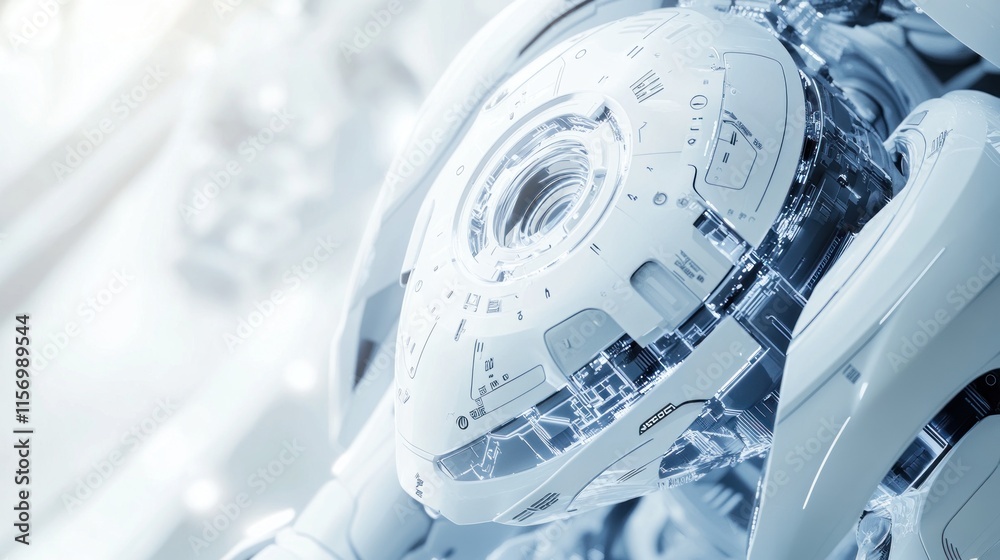 Poster close-up of a futuristic white robotic head, showcasing intricate internal mechanisms and technologi