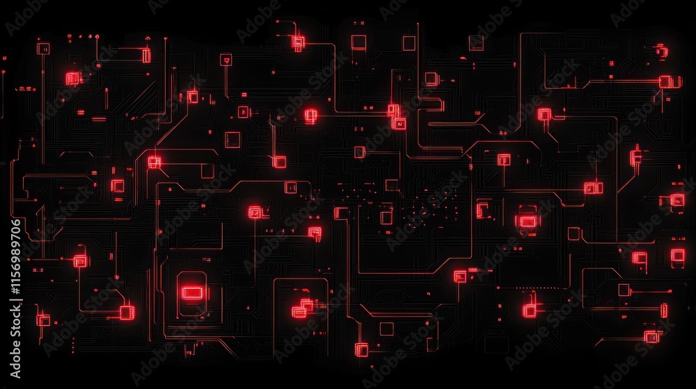 Poster Abstract red circuit board pattern on black background.
