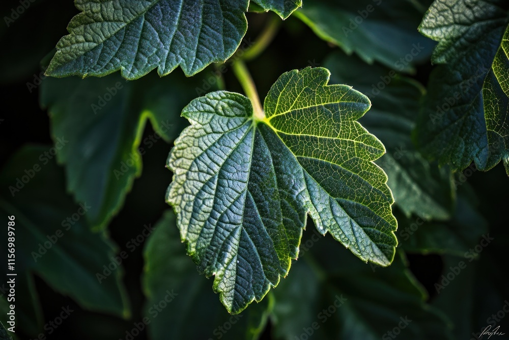 Poster close-up of a vibrant green leaf with intricate veins, illuminated by sunlight, surrounded by other 