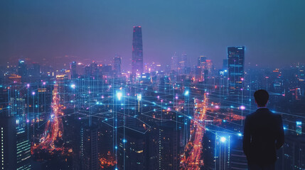 Fototapeta premium Smart digital Innovation city with connection network reciprocity over the cityscape. of future smart wireless digital city and social media networking systems that connects people with in city