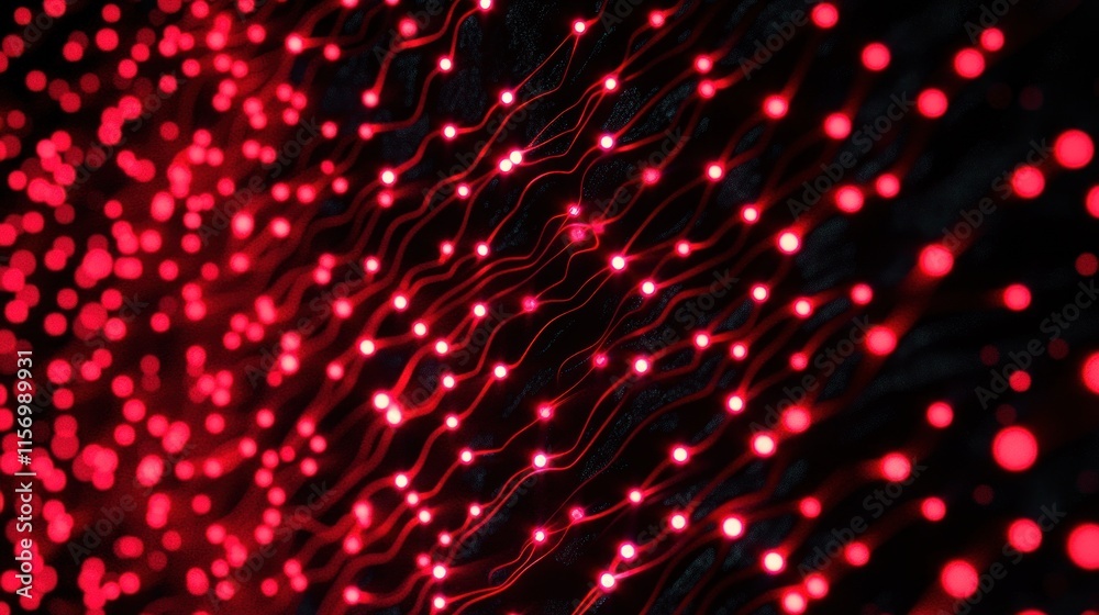 Poster Abstract red glowing particles forming wavy lines and patterns on a dark background.