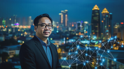 Fototapeta premium Abstract businessman stands on the peak of success amid tall, innovative Smart city and graphs with statistics to analyze business potential and predict future developments in company growth.