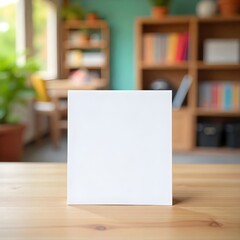 Elegant Blank Card on Wood Surface with Vibrant Bokeh Background Scene