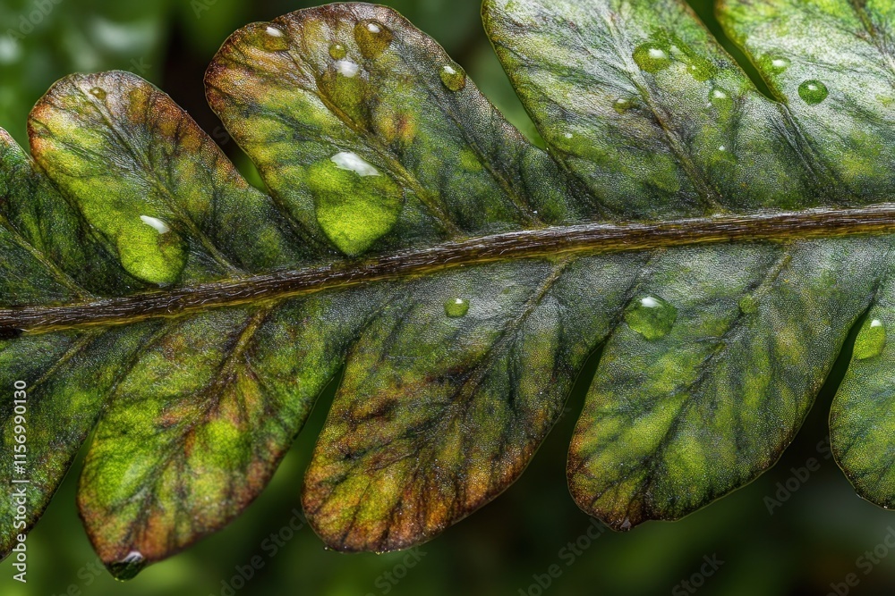 Poster close-up of a fern frond with water droplets, showcasing intricate details and color variations.