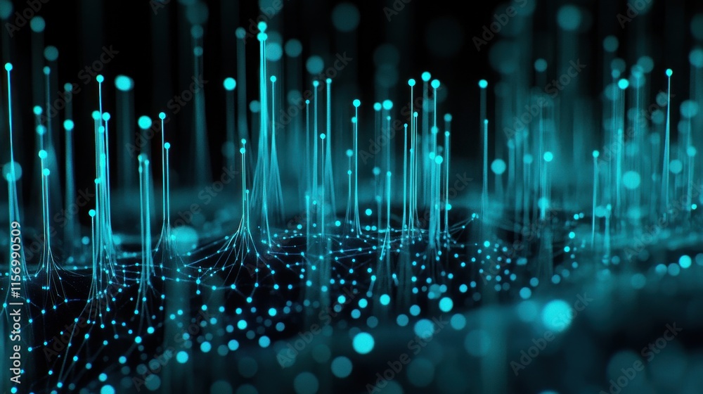 Aufkleber Abstract teal digital data network visualization; glowing nodes and connections forming a complex pattern on a dark background.