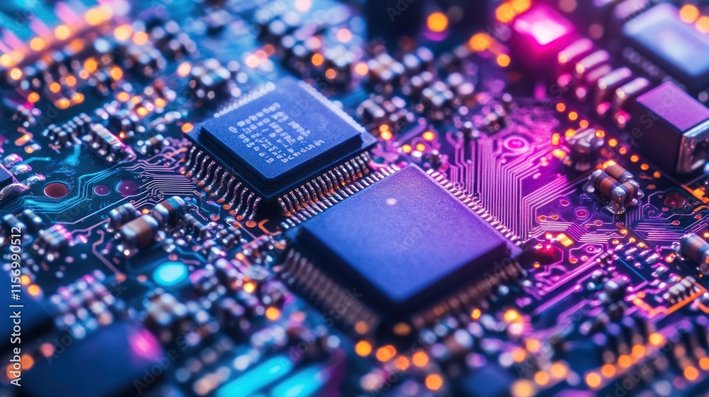 Poster Close-up of illuminated circuit board with microchips and electronic components.