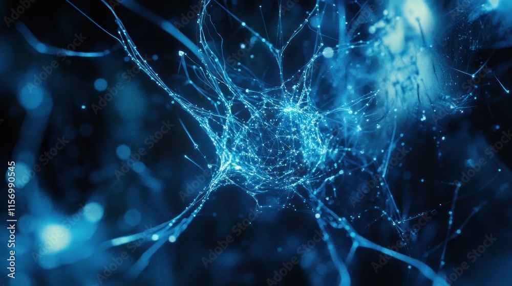 Poster Abstract blue glowing neural network structure.