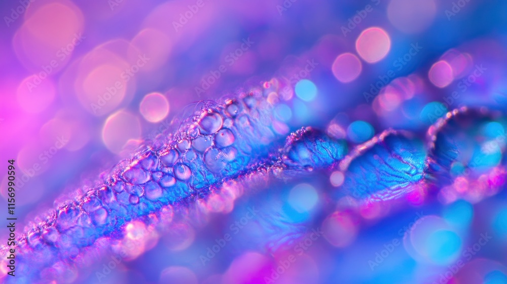 Poster abstract close-up of vibrant purple and blue bubbles with bokeh background.