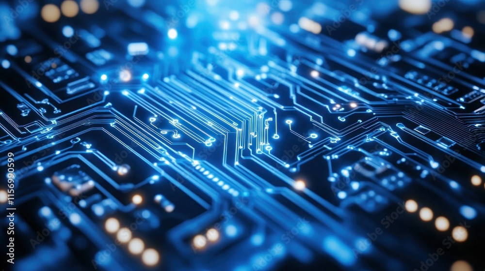 Fototapete close-up of illuminated circuit board, showcasing intricate pathways and connections.