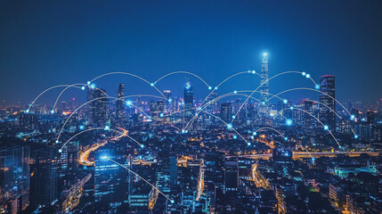 Fototapeta premium Smart digital Innovation city with connection network reciprocity over the cityscape. of future smart wireless digital city and social media networking systems that connects people with in city