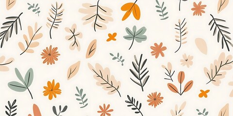 Fototapeta premium Seamless pattern of autumn leaves and flowers in warm colors on a white background.