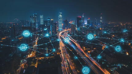 Fototapeta premium Smart digital Innovation city with connection network reciprocity over the cityscape. of future smart wireless digital city and social media networking systems that connects people with in city