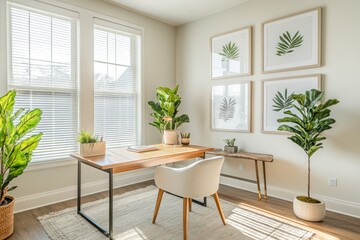 Bright home office with wooden desk, beige chair, large windows, plants, and botanical prints.