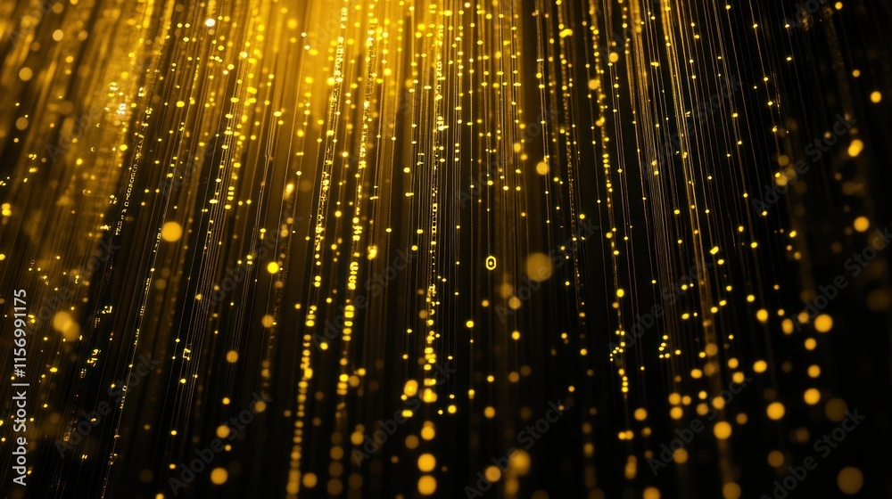 Poster abstract golden light streaks and particles falling on black background.