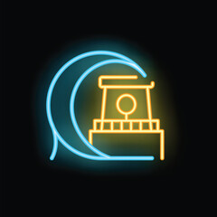Naklejka premium Glowing neon line icon of a tsunami wave crashing on a traditional japanese house, symbolizing natural disaster and risk