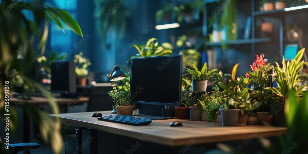 Poster modern office workspace with numerous plants and a computer.