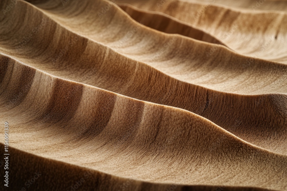 Poster Close-up of undulating, light brown wood grain texture with wave-like patterns and subtle shadows.