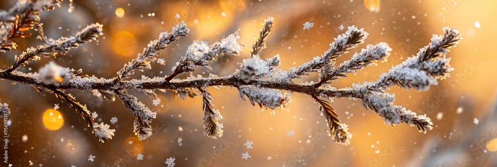 Aufkleber snow-covered branch with bokeh background during winter sunset.