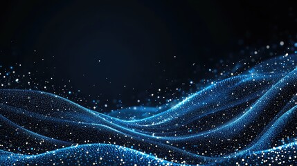Abstract blue background features a wave of glowing dots and lines, ideal for digital design presentations focused on big data technology