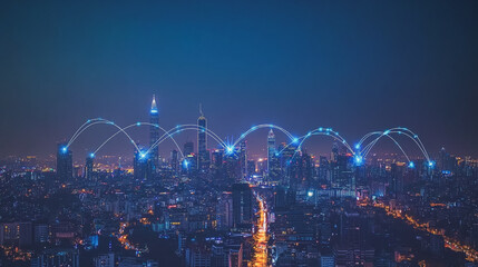 Smart digital Innovation city with connection network reciprocity over the cityscape. of future smart wireless digital city and social media networking systems that connects people with in city