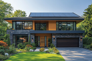A modern single-family home featuring a stone facade, a dark wooden garage door. Solar panels, installed on the roof, Solar Powered Clean Energy, Sustainable Resources, Electricity Source.