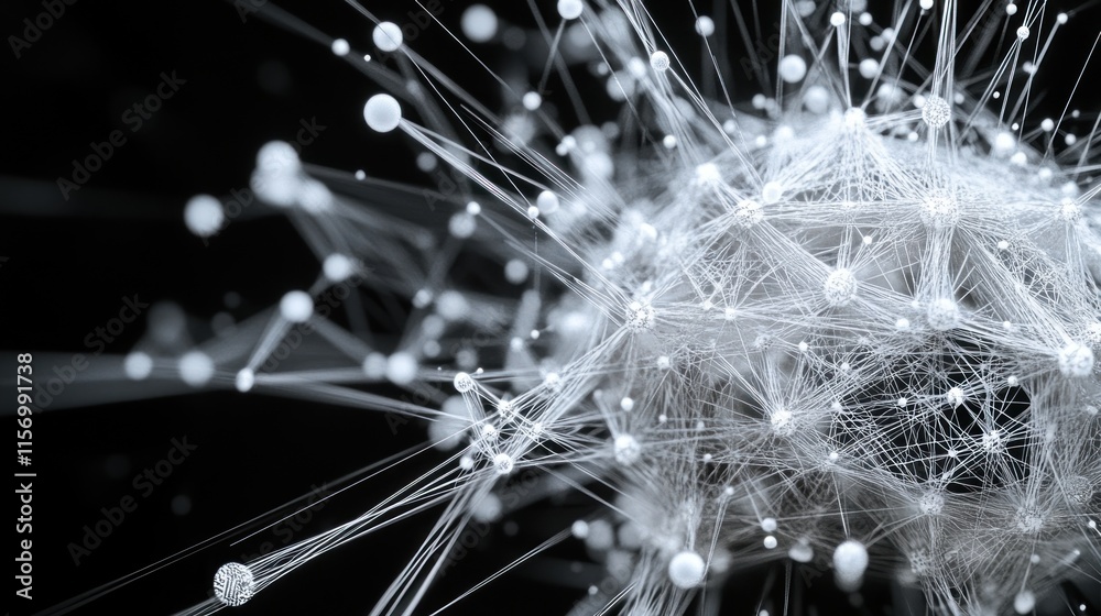 Poster Abstract 3D rendering of a complex network structure with interconnected nodes and lines, glowing in the dark.