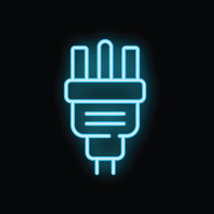 Blue neon electric plug glowing in the dark, a bright illustration for power and electricity
