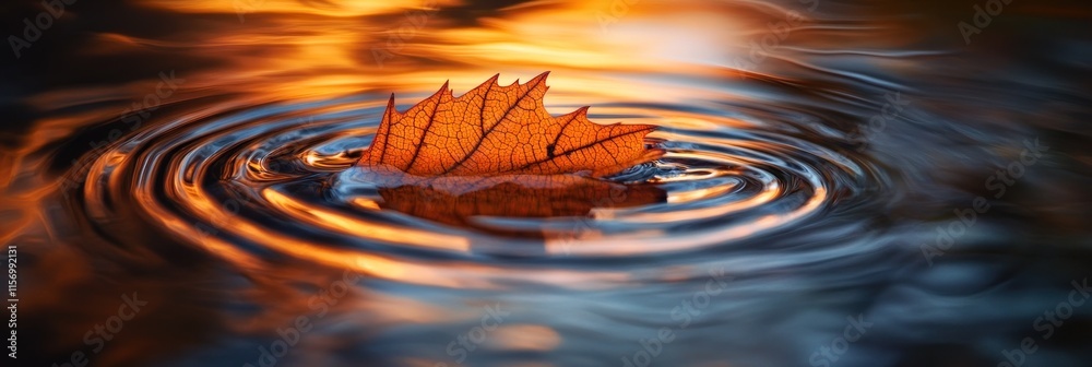 Poster single autumn leaf floats on calm water, creating concentric ripples at sunset.