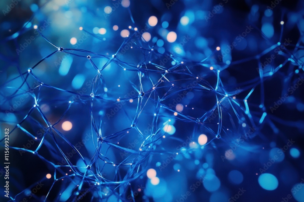 Poster Abstract blue network structure with glowing nodes and bokeh effect.