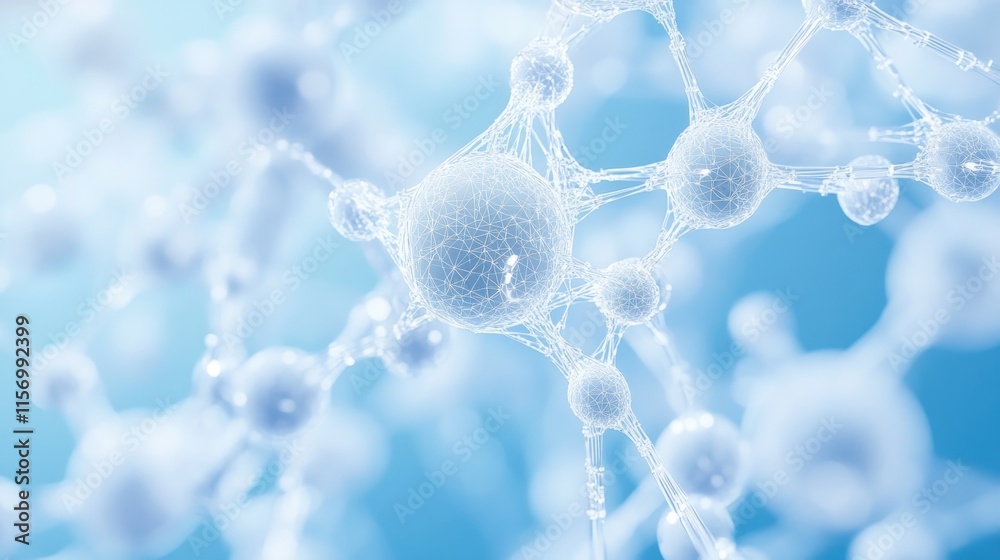 Poster microscopic view of interconnected spheres, resembling cells or molecules, in a network.