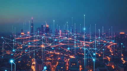 Naklejka premium Smart digital Innovation city with connection network reciprocity over the cityscape. of future smart wireless digital city and social media networking systems that connects people with in city