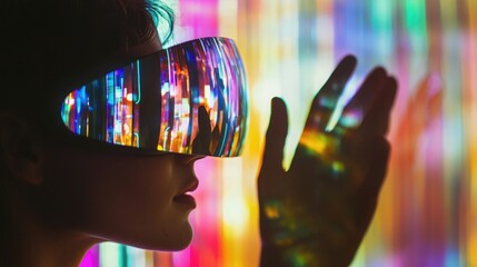 Engaging with immersive technology through virtual reality headset in a vibrant environment