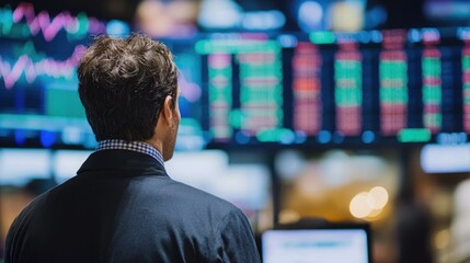 Business professional analyzes stock market trends in a financial office setting during the trading day
