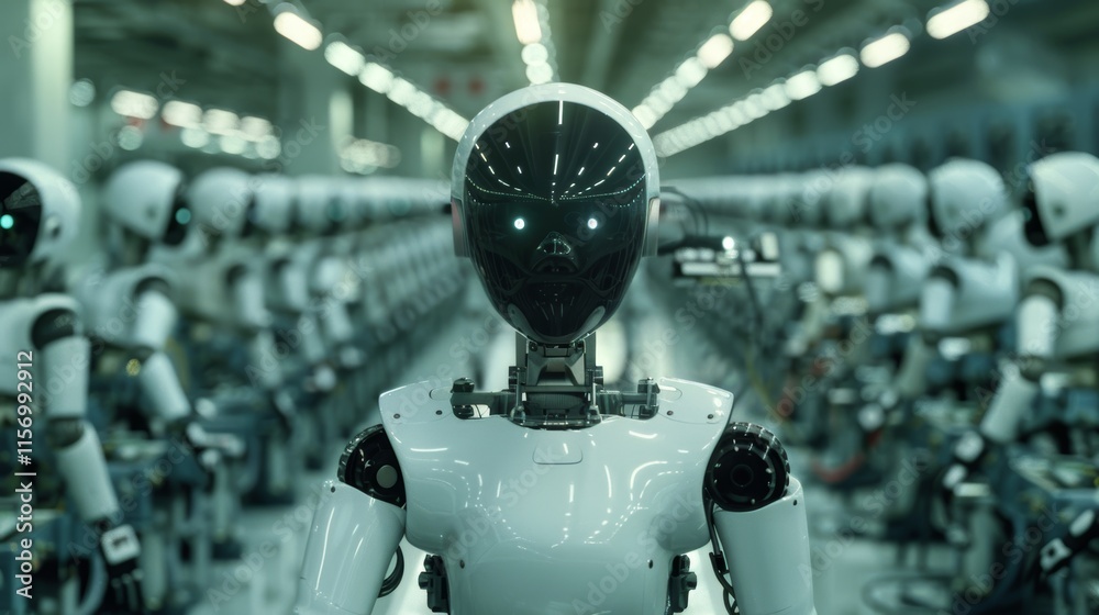 Poster robots in factory setting representing technology and job displacement issues