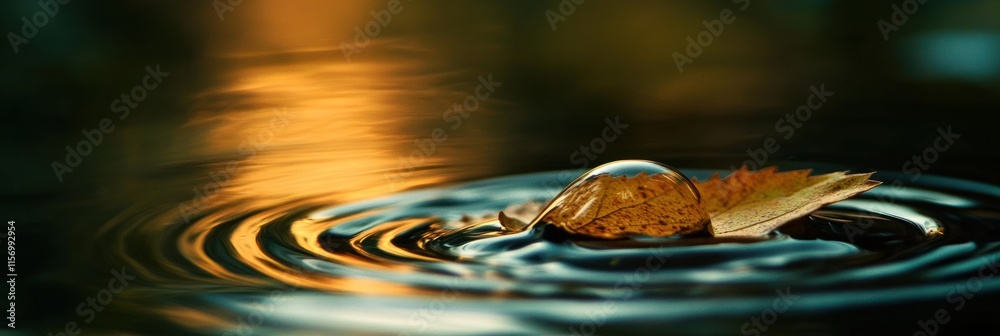 Poster Autumn leaf floats on water, creating concentric ripples; sunset reflection.