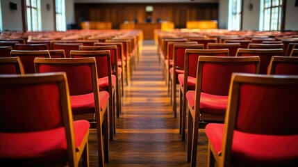 Fototapeta premium Empty courtroom filled with rows of red chairs awaiting legal proceedings in a quiet atmosphere