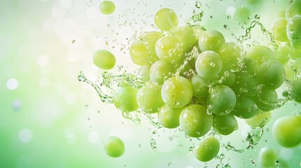 Fresh green grapes splashing into crystal clear water with droplets in a vibrant atmosphere