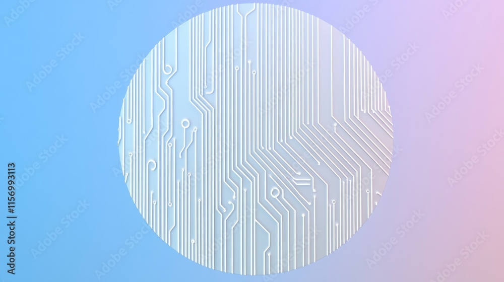 Poster Abstract circular design featuring a white circuit board pattern on a pastel blue and pink gradient background.