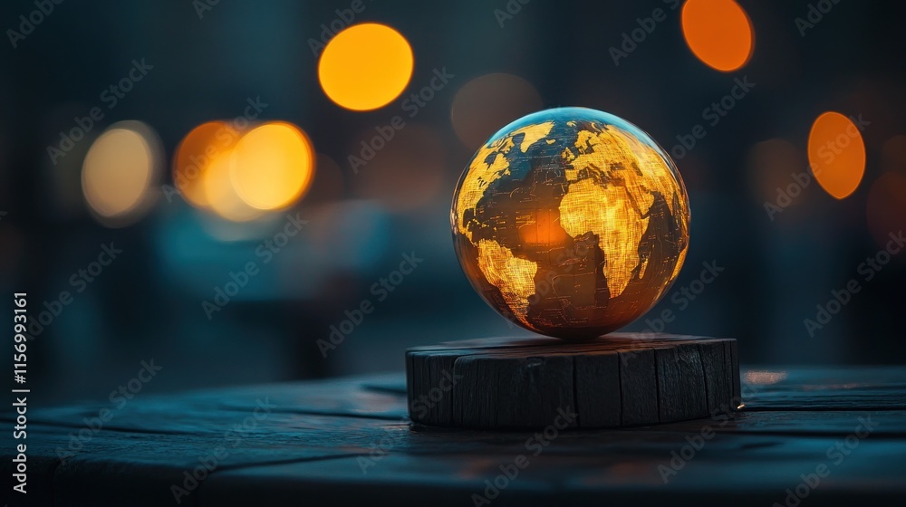 Poster illuminated globe on wooden stand, bokeh background.