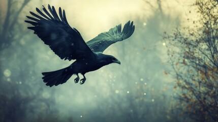 Majestic Raven in Flight: A Mystical Autumn Scene