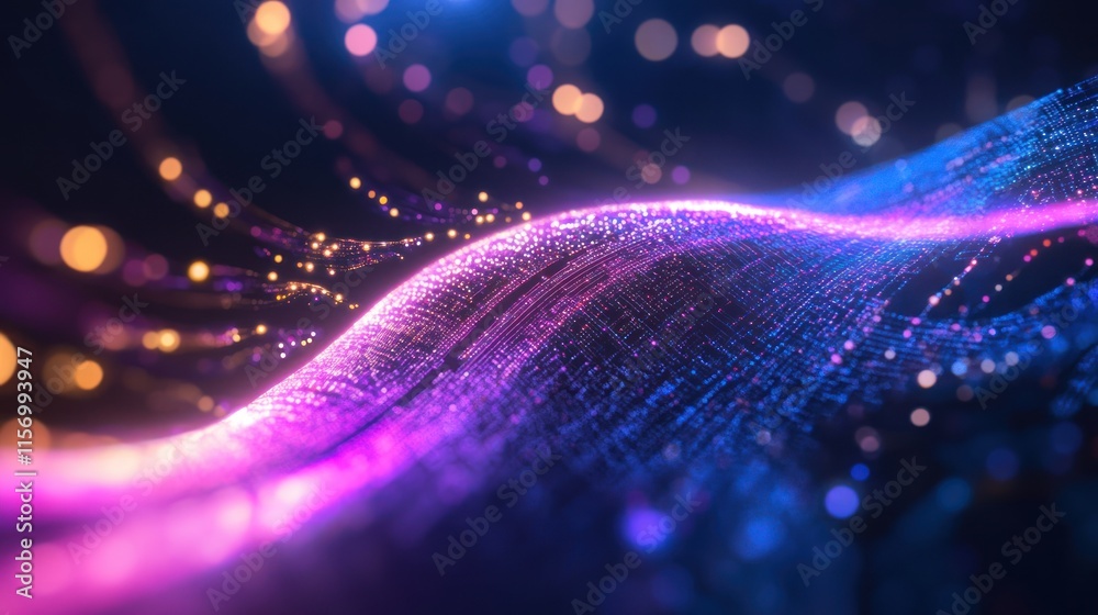 Poster abstract digital wave with glowing particles and bokeh lights in purple, blue, and gold.