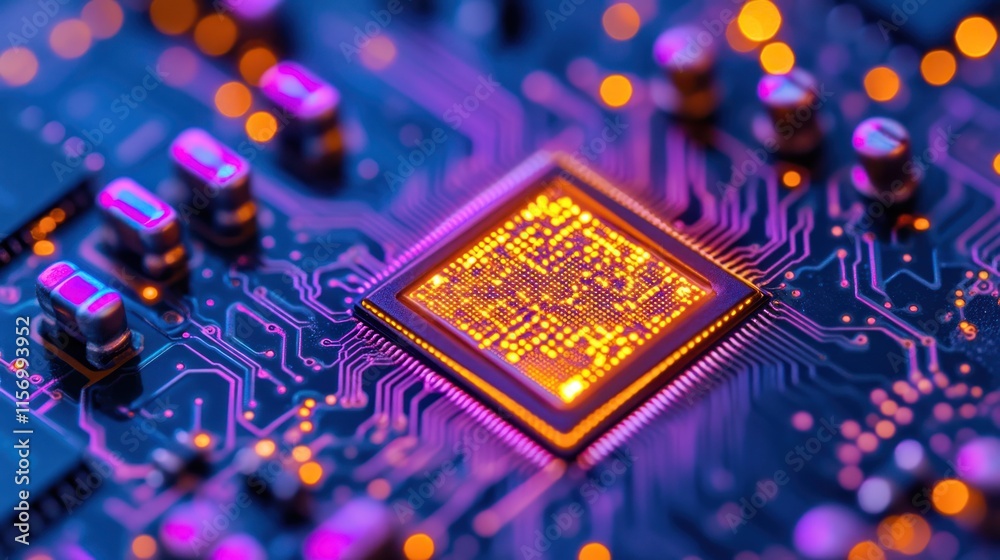 Aufkleber close-up of illuminated microchip on circuit board.