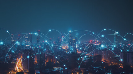Fototapeta premium Smart digital Innovation city with connection network reciprocity over the cityscape. of future smart wireless digital city and social media networking systems that connects people with in city
