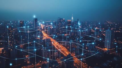 Fototapeta premium Smart digital Innovation city with connection network reciprocity over the cityscape. of future smart wireless digital city and social media networking systems that connects people with in city