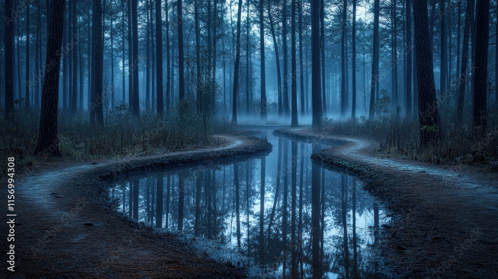 Poster Misty forest path with a winding stream reflecting the trees.