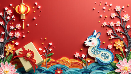 elegant paper quilling for chinese new year: a gift box adorned with silk, flowers, lanterns, and fireworks, celebrating the festive season with white space for personal touches