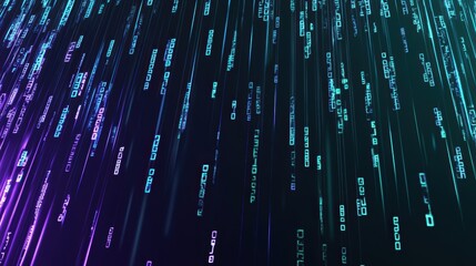 Futuristic neon matrix with cascading binary code in glowing blue and purple hues, creating an abstract digital rain effect over a dark gradient background.