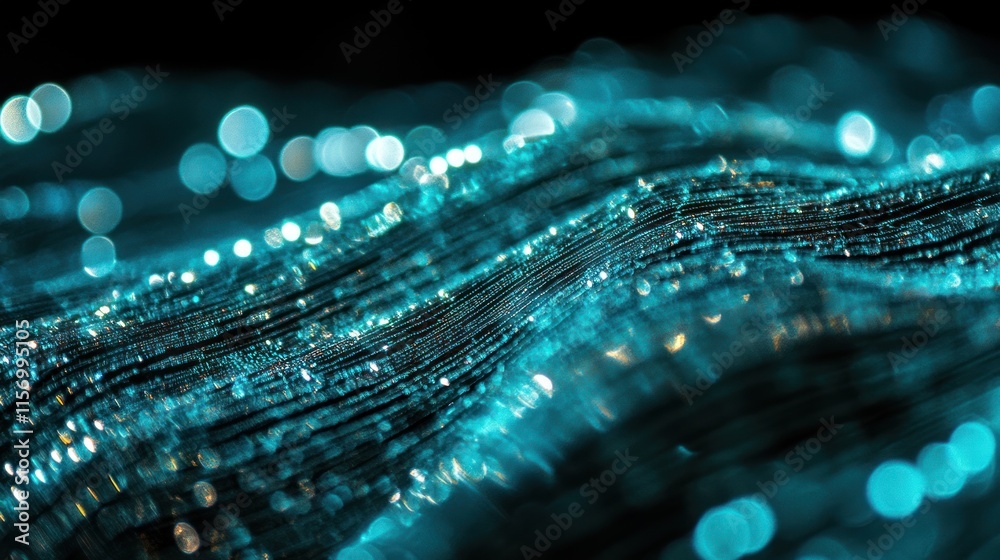 Aufkleber abstract teal wave with bokeh lights, dark background.