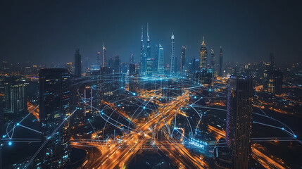 Smart digital Innovation city with connection network reciprocity over the cityscape. of future smart wireless digital city and social media networking systems that connects people with in city